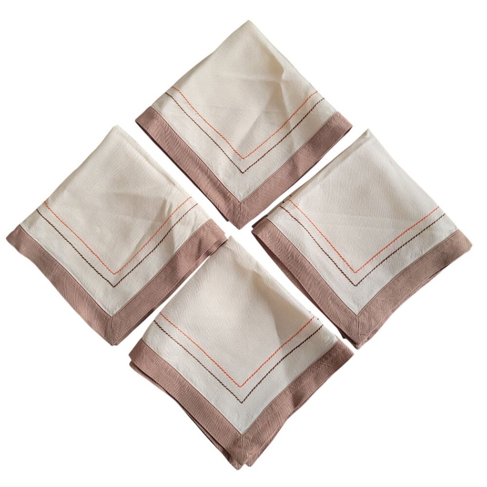 Vintage Luncheon Cocktail Napkins Cream with Brown Trim Orange and Brown Stitch